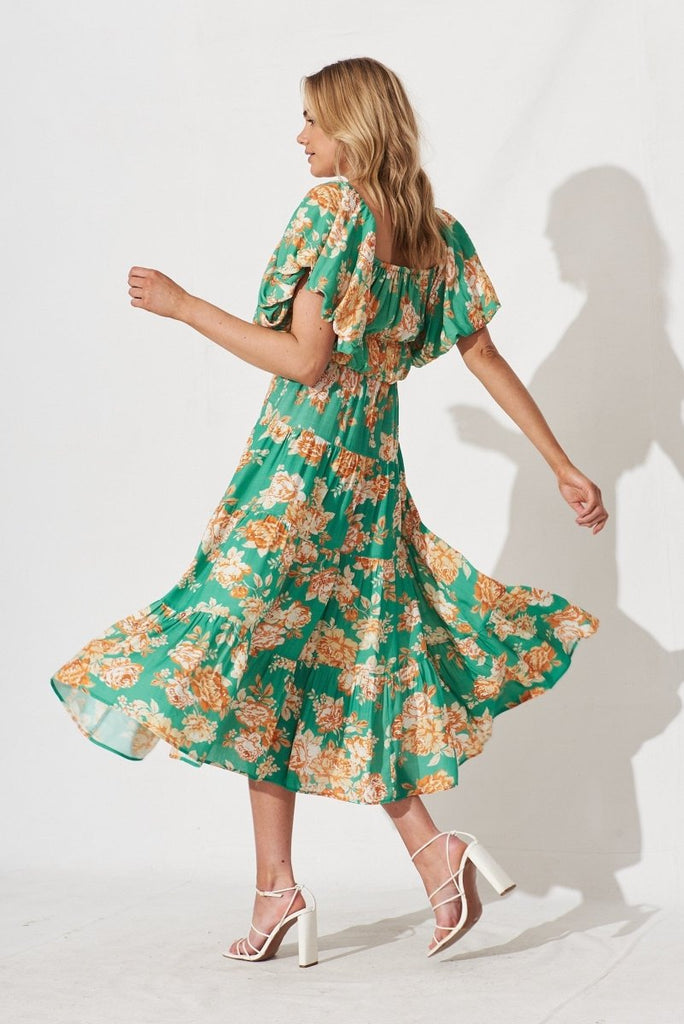 Charlotta Midi Dress In Green With Orange Floral - St Frock (Dev)