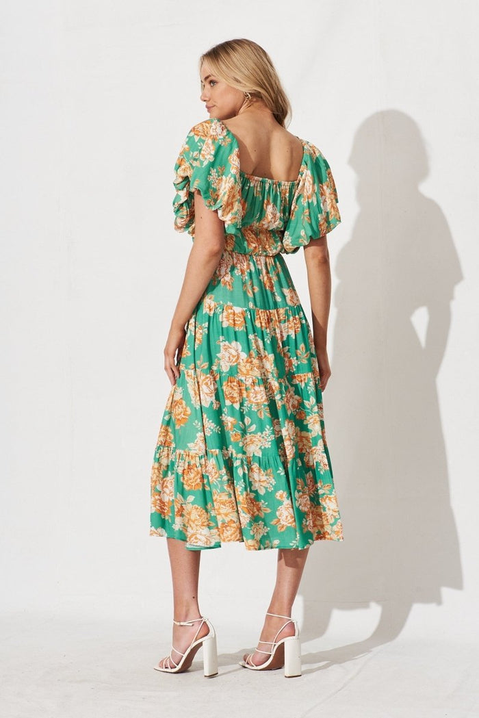 Charlotta Midi Dress In Green With Orange Floral - St Frock (Dev)