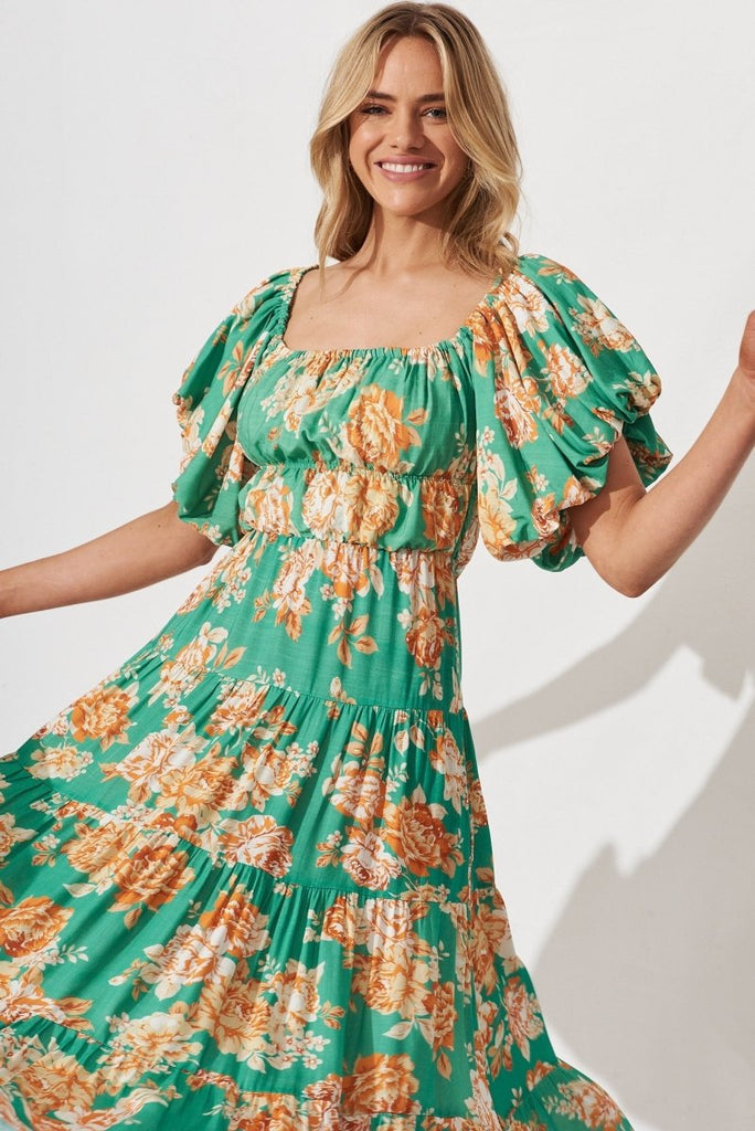 Charlotta Midi Dress In Green With Orange Floral - St Frock (Dev)