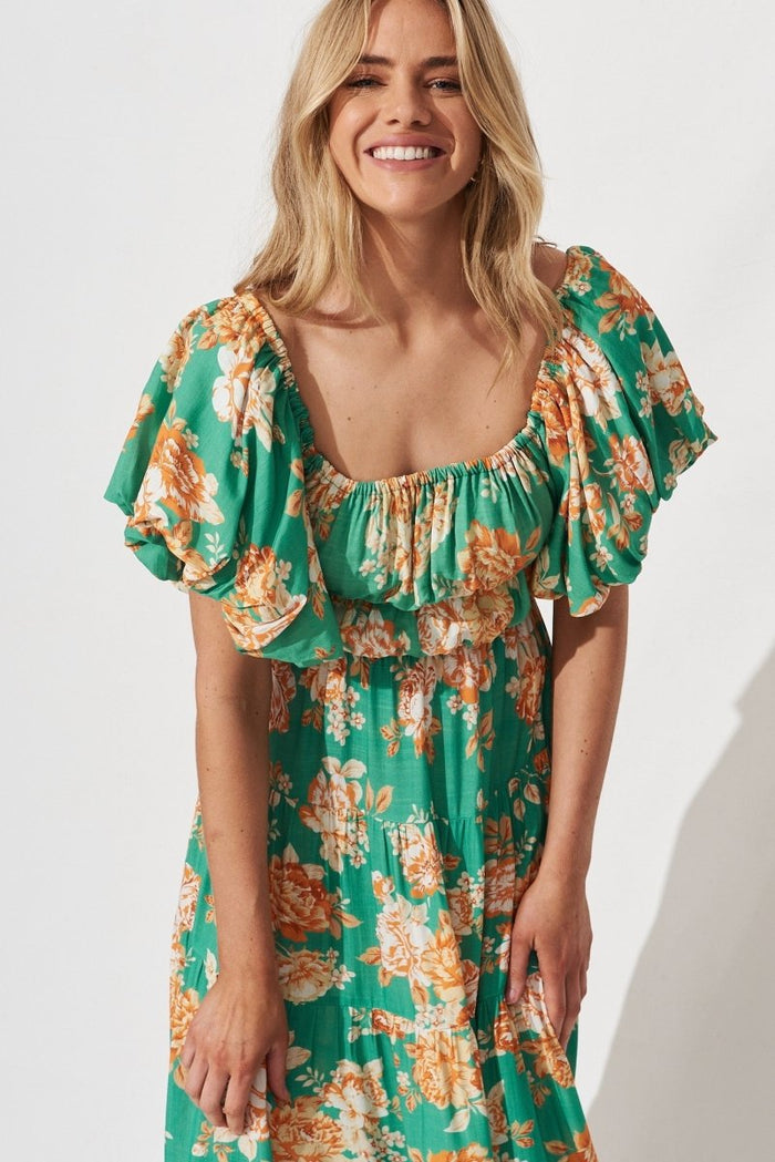 Charlotta Midi Dress In Green With Orange Floral - St Frock (Dev)