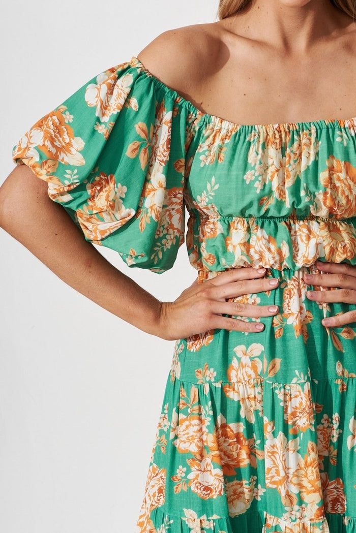 Charlotta Midi Dress In Green With Orange Floral - St Frock (Dev)
