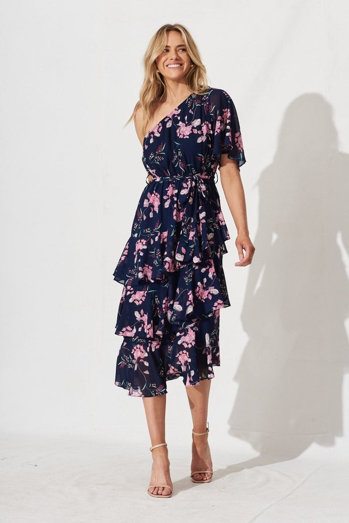 Cherrie One Shoulder Midi Dress In Navy With Pink Floral - St Frock (Dev)