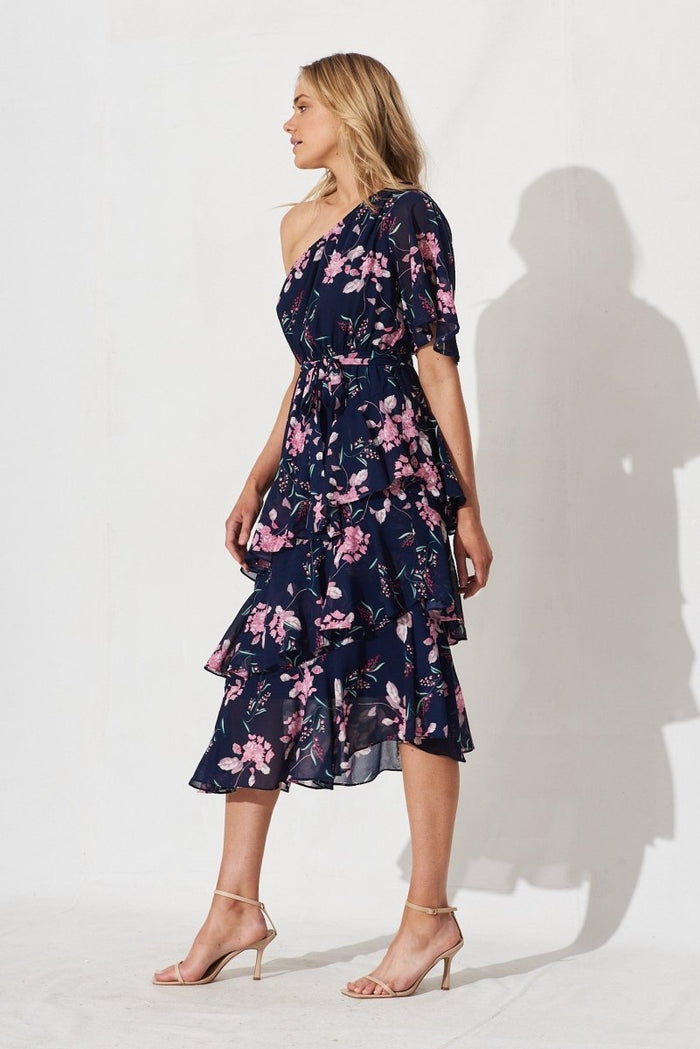 Cherrie One Shoulder Midi Dress In Navy With Pink Floral - St Frock (Dev)