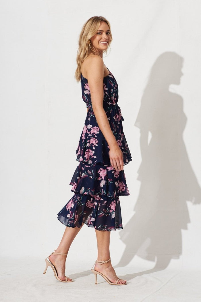 Cherrie One Shoulder Midi Dress In Navy With Pink Floral - St Frock (Dev)