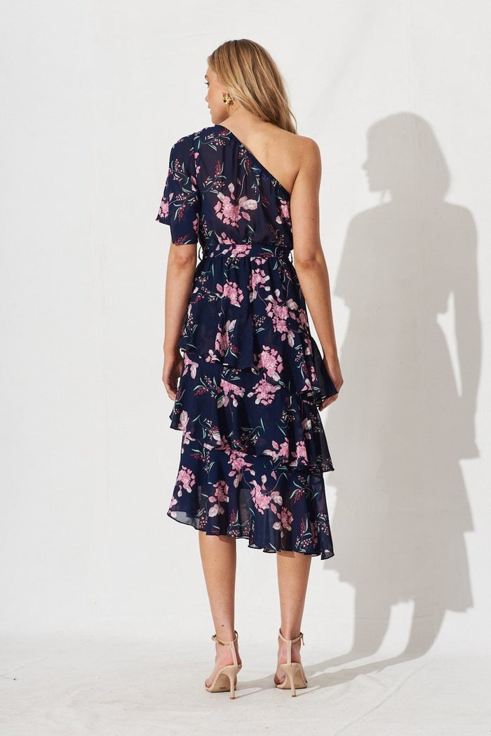 Cherrie One Shoulder Midi Dress In Navy With Pink Floral - St Frock (Dev)