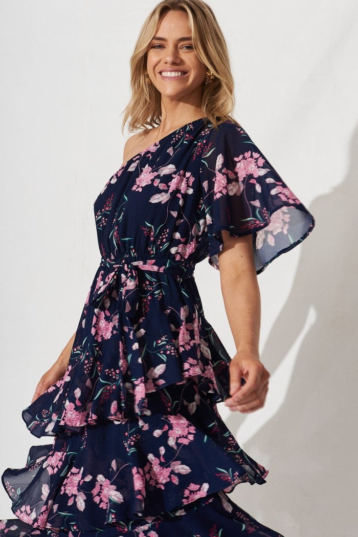 Cherrie One Shoulder Midi Dress In Navy With Pink Floral - St Frock (Dev)