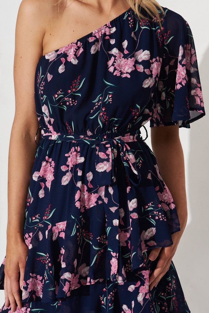 Cherrie One Shoulder Midi Dress In Navy With Pink Floral - St Frock (Dev)
