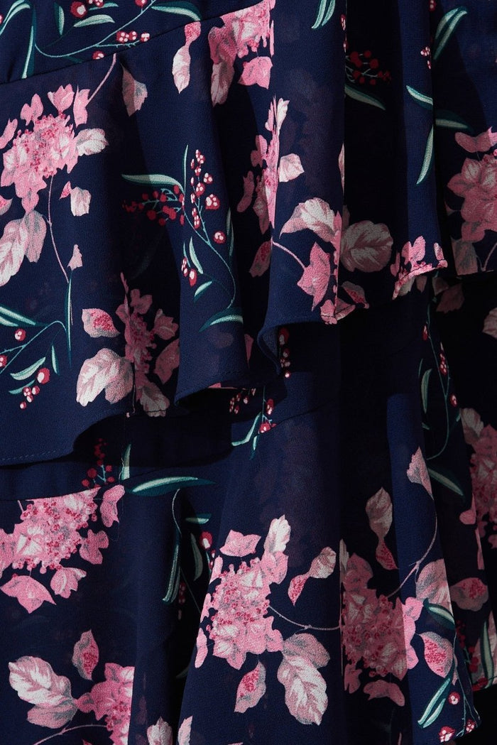 Cherrie One Shoulder Midi Dress In Navy With Pink Floral - St Frock (Dev)