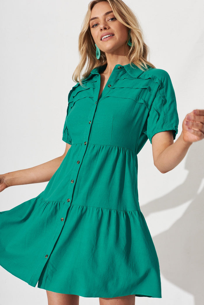 Hollis Shirt Dress In Green Linen Blend - front