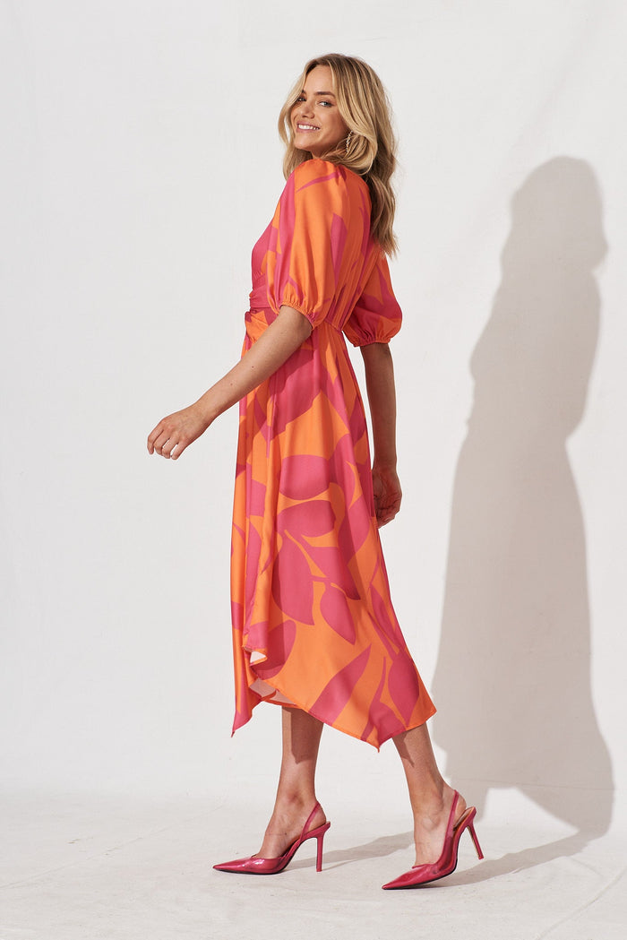 Bloomin Midi Dress In Pink With Orange Leaf - side
