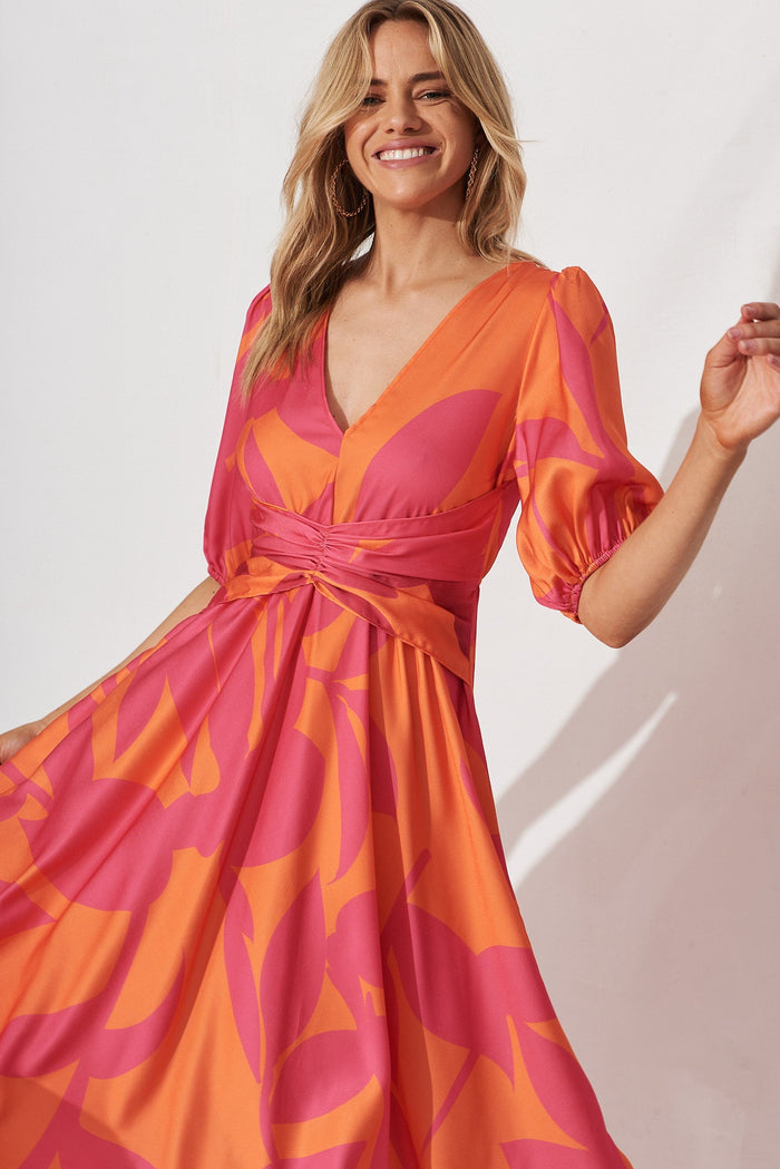Bloomin Midi Dress In Pink With Orange Leaf - front