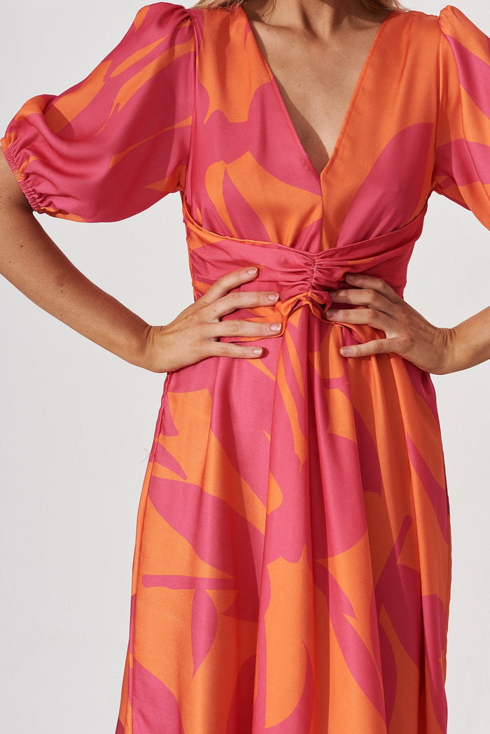 Bloomin Midi Dress In Pink With Orange Leaf - detail