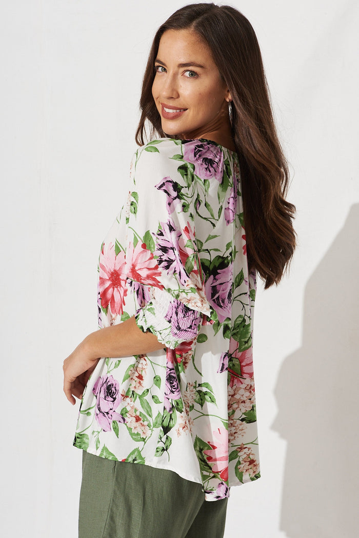 Pansy Top In White With Multi Floral - side