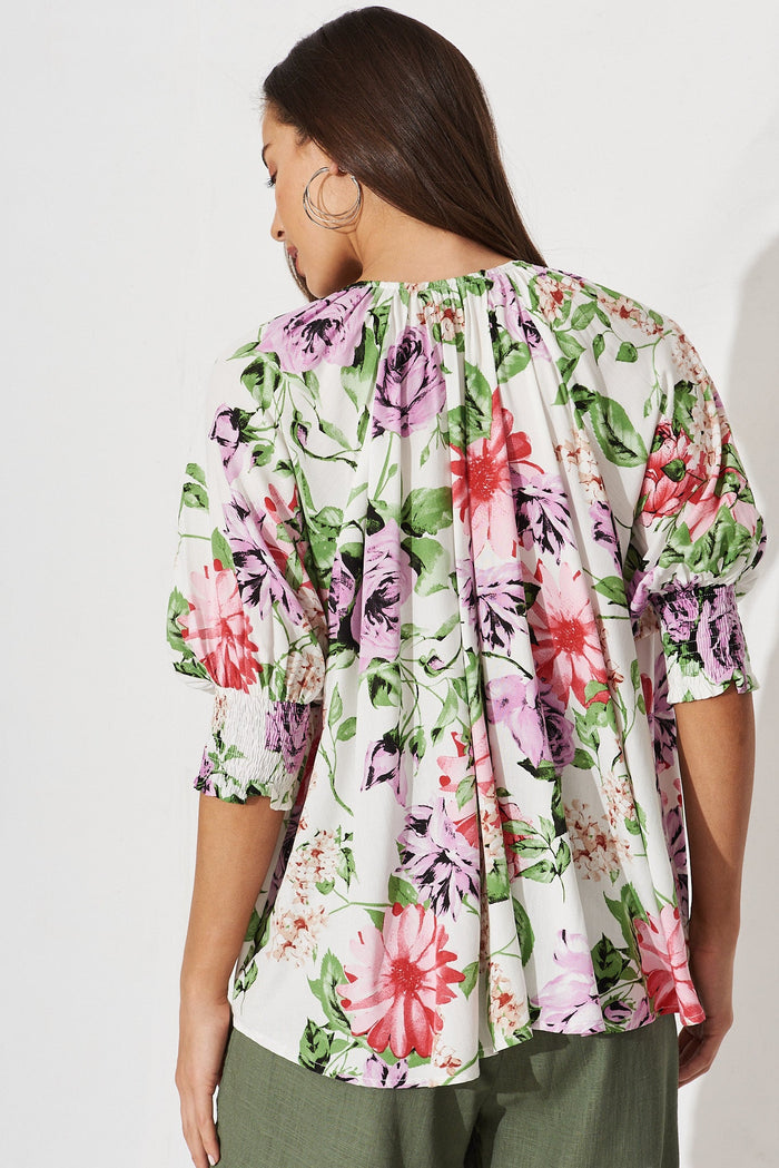 Pansy Top In White With Multi Floral - back