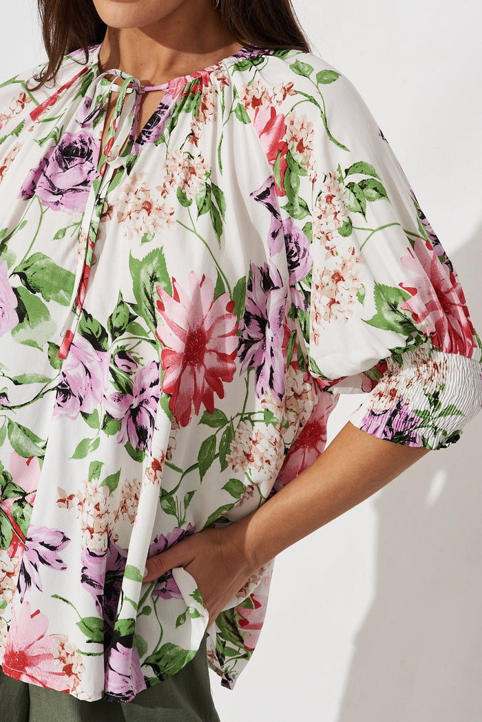Pansy Top In White With Multi Floral - detail