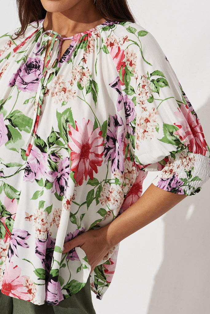 Pansy Top In White With Multi Floral - detail