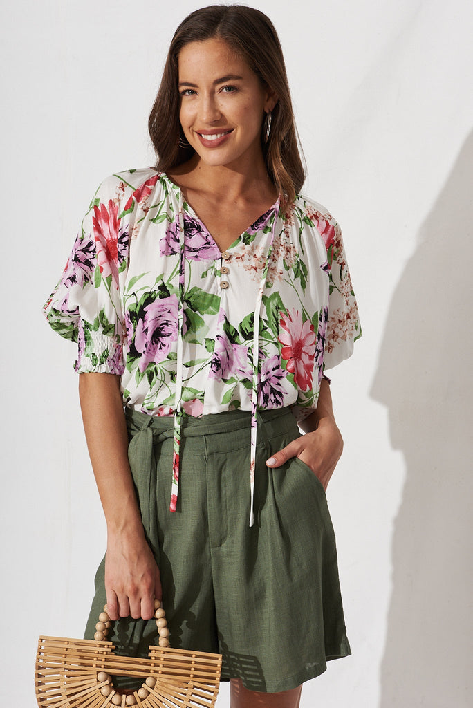 Pansy Top In White With Multi Floral - front