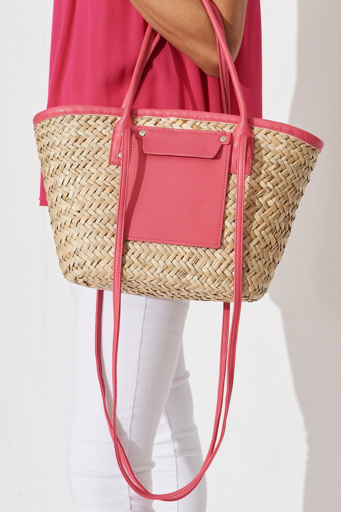 August + Delilah Sharon Straw Bag In Pink - side close up