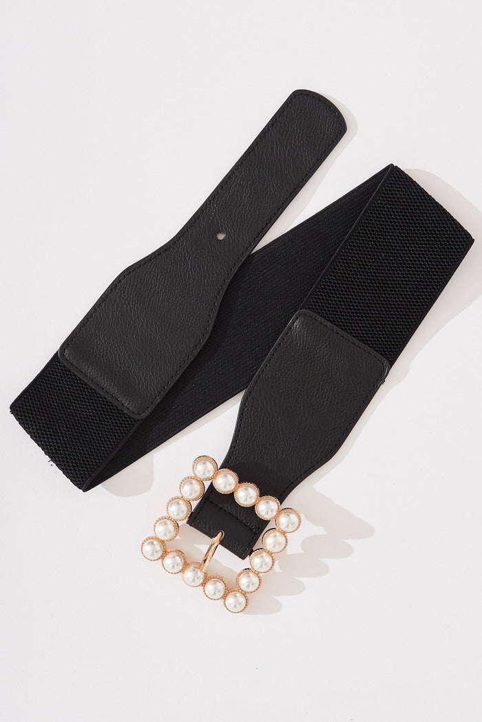 August + Delilah Misty Stretch Belt In Black With Pearl Buckle - St Frock (Dev)