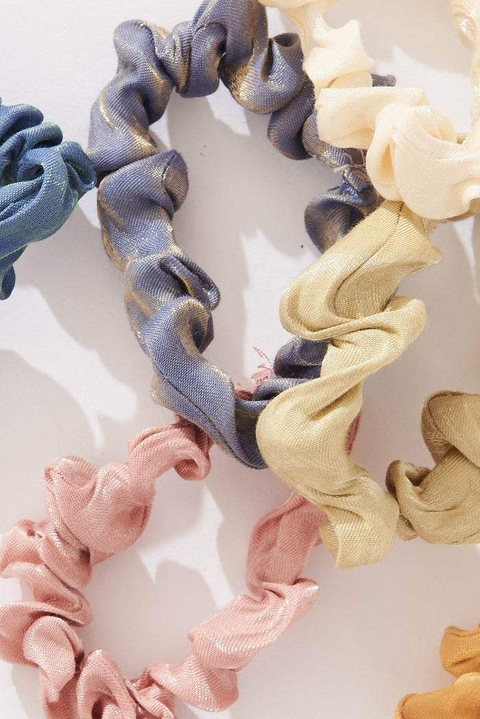 August + Delilah Danica 6 Mini Scrunchie Set In Multi Satin - front close up