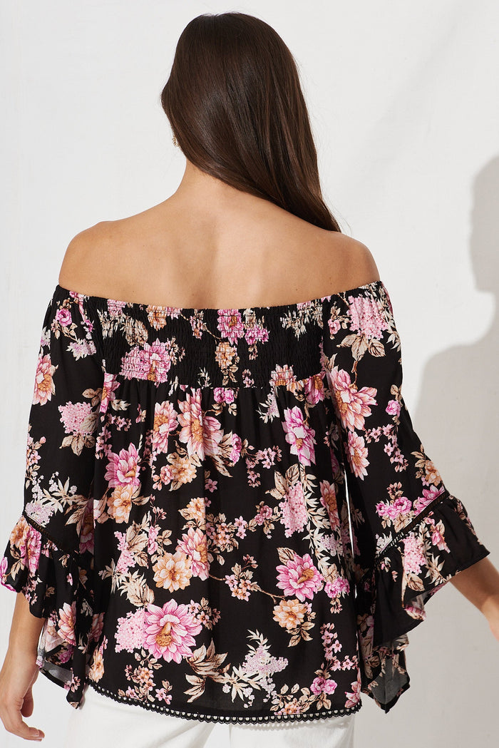 Ezekiel Blouse In Black With Mauve Floral - back