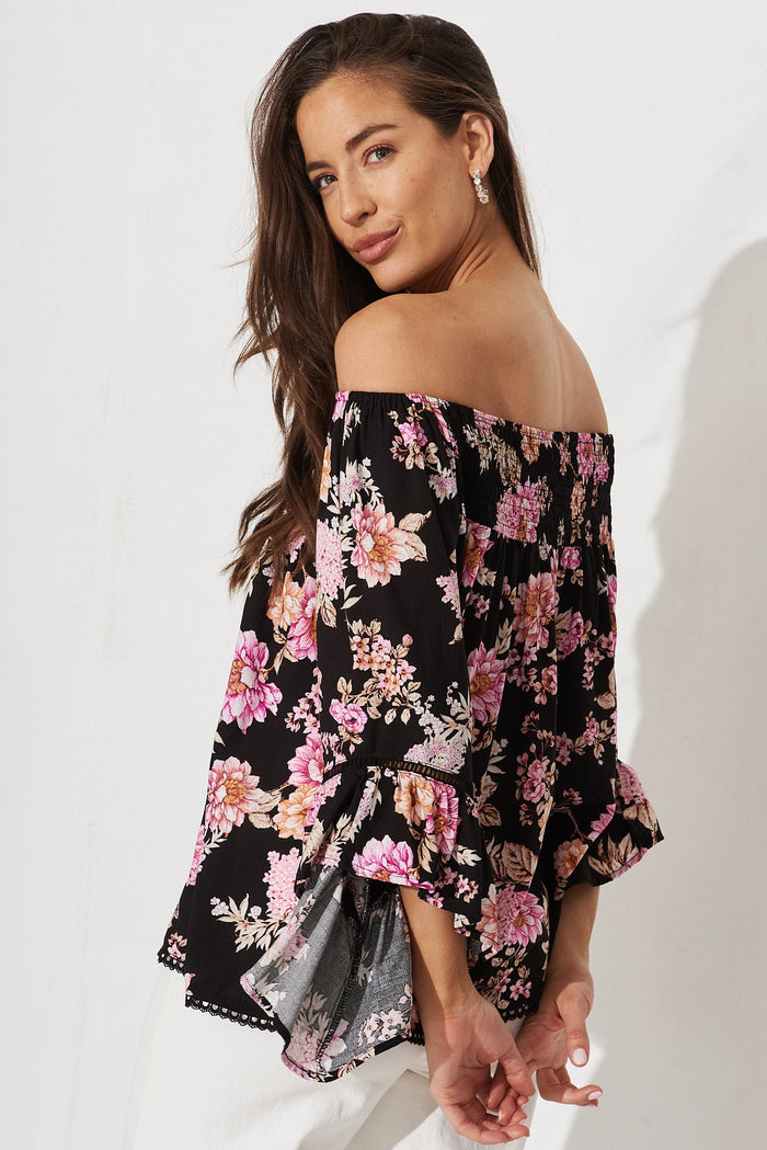 Ezekiel Blouse In Black With Mauve Floral - side
