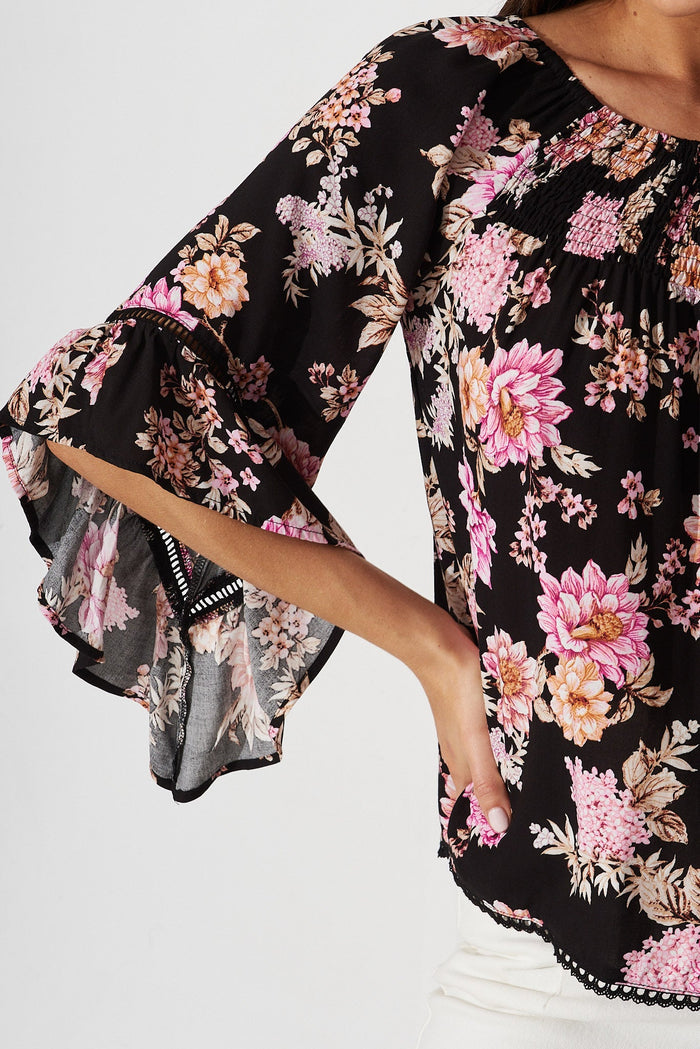 Ezekiel Blouse In Black With Mauve Floral - detail