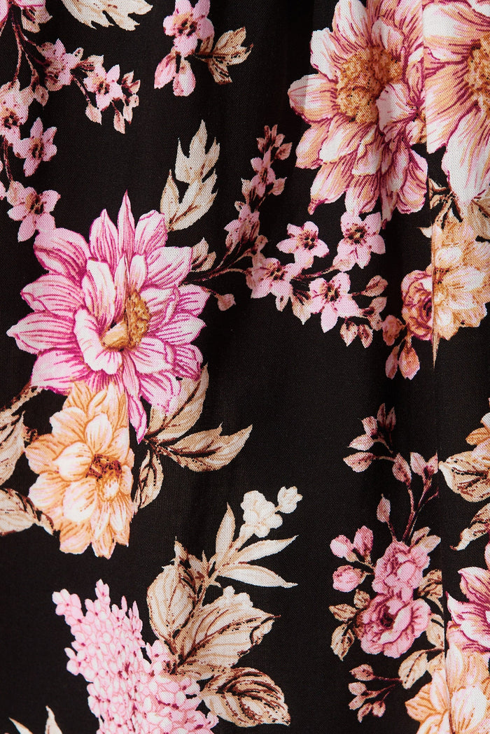 Ezekiel Blouse In Black With Mauve Floral - fabric