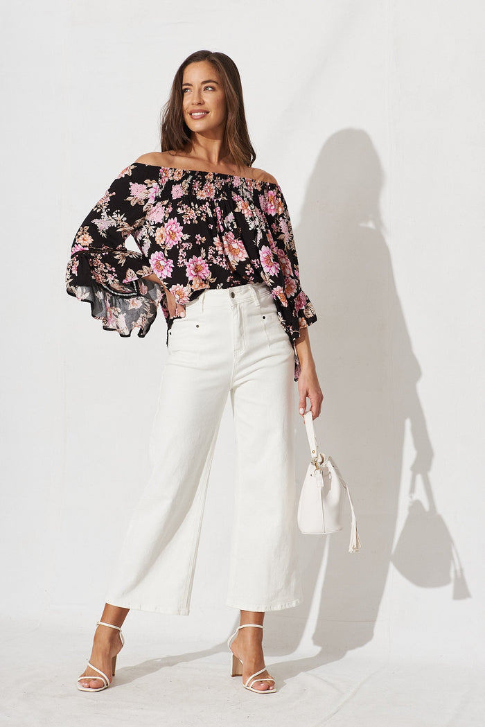 Ezekiel Blouse In Black With Mauve Floral - full length