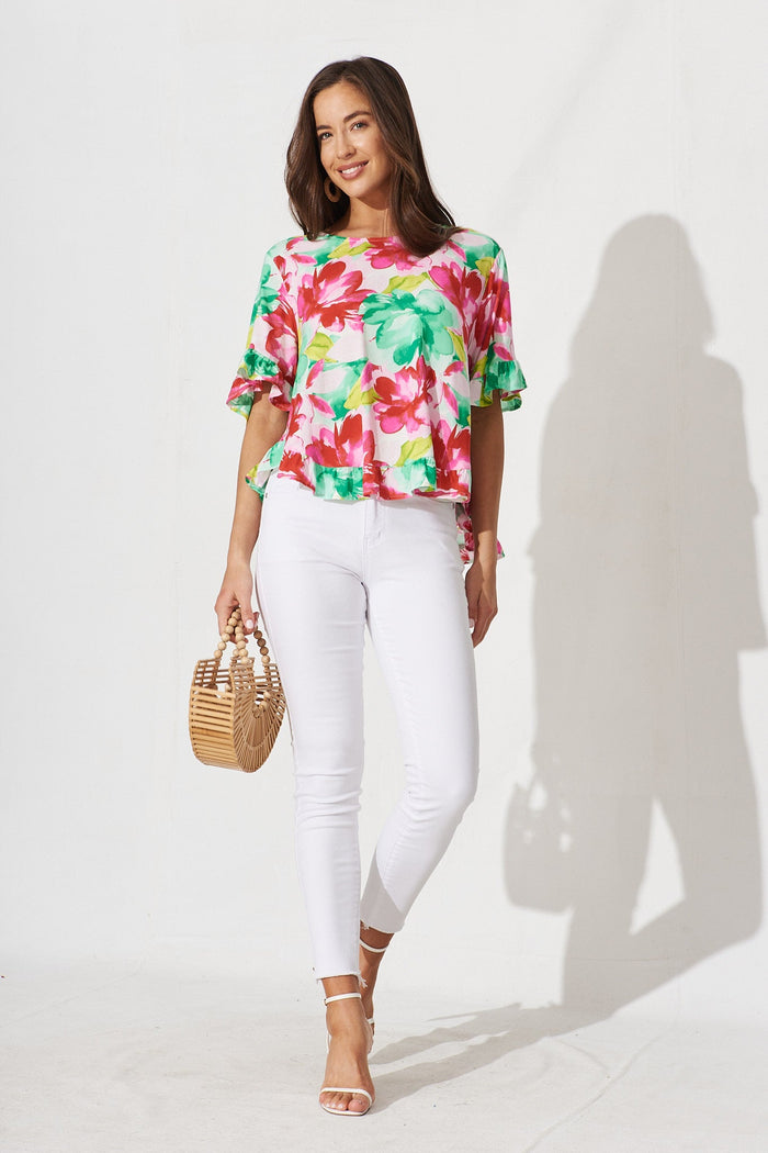 Oceania Top In Pink With Green Floral - full length