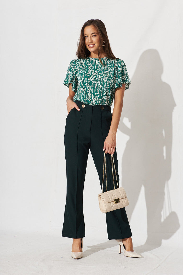 Nadea Top In Green With White Floral - full length