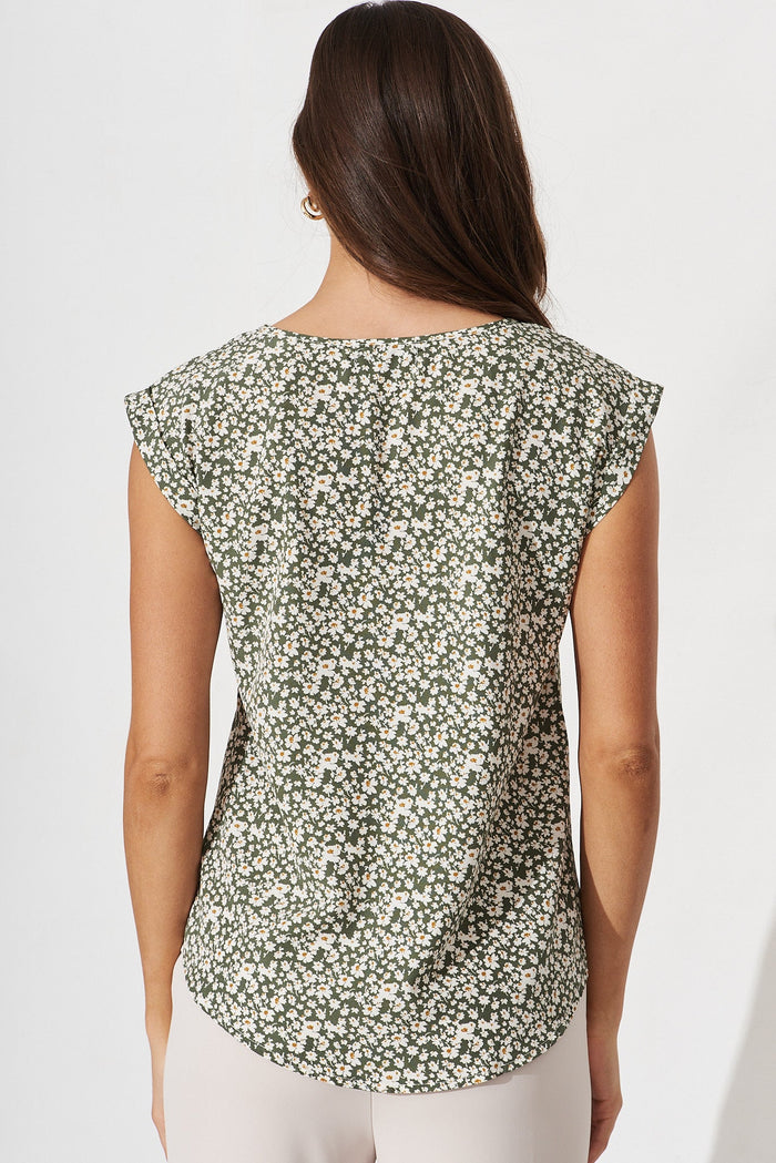Rejina Top In Green With White Floral - back