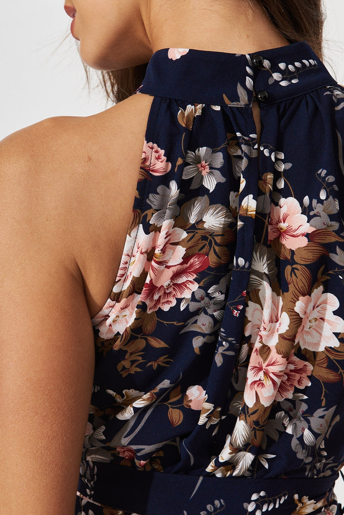 Karli Dress In Navy Floral Satin - detail