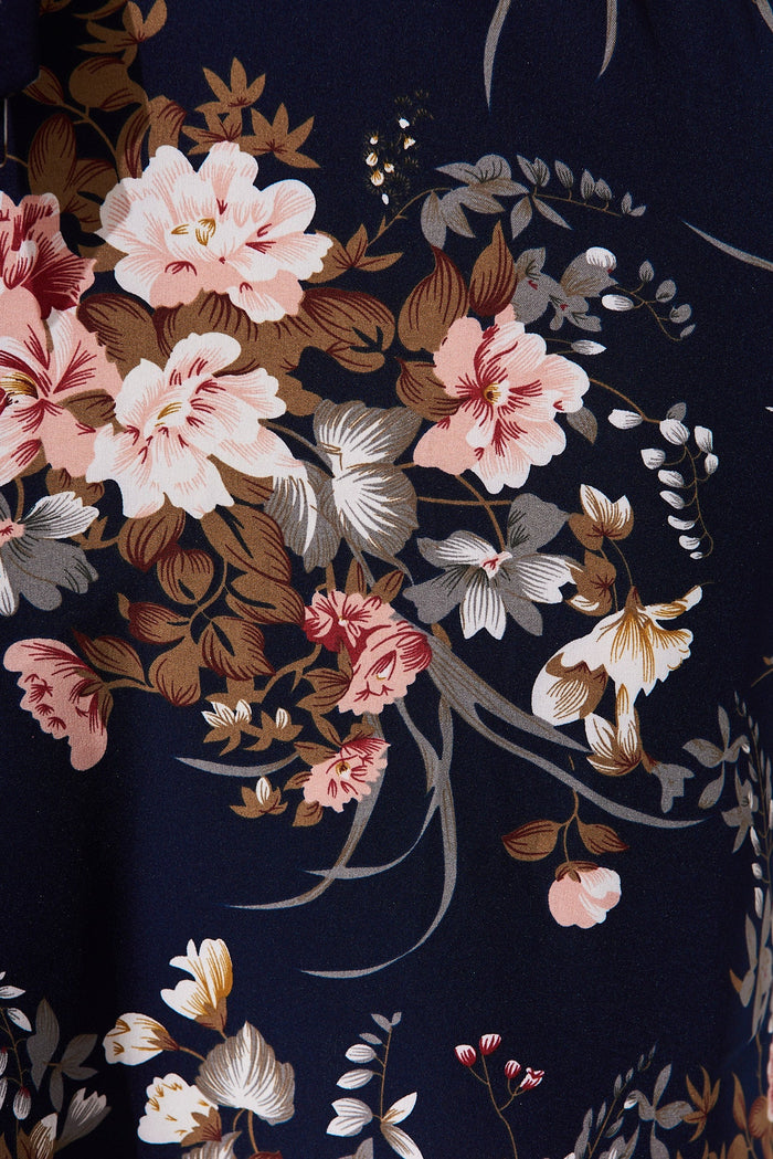 Karli Dress In Navy Floral Satin - fabric