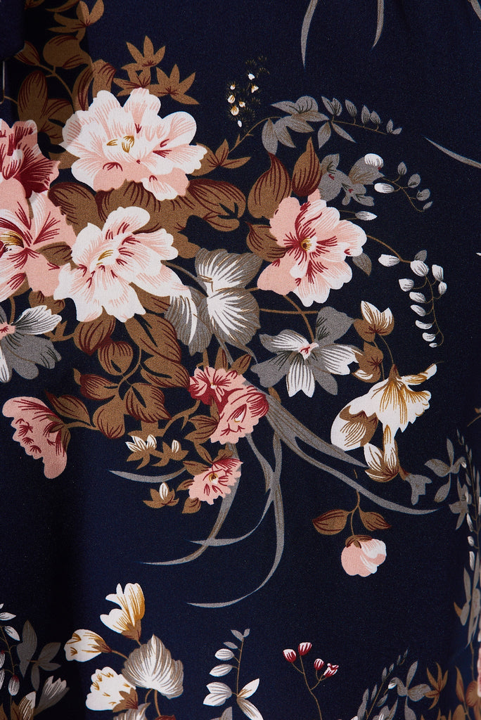 Karli Dress In Navy Floral Satin - fabric
