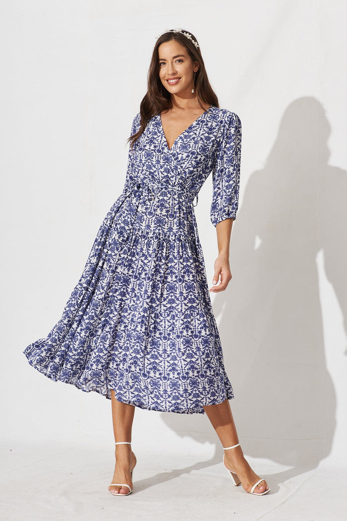 Kintan Midi Dress In White With Blue Floral - full length