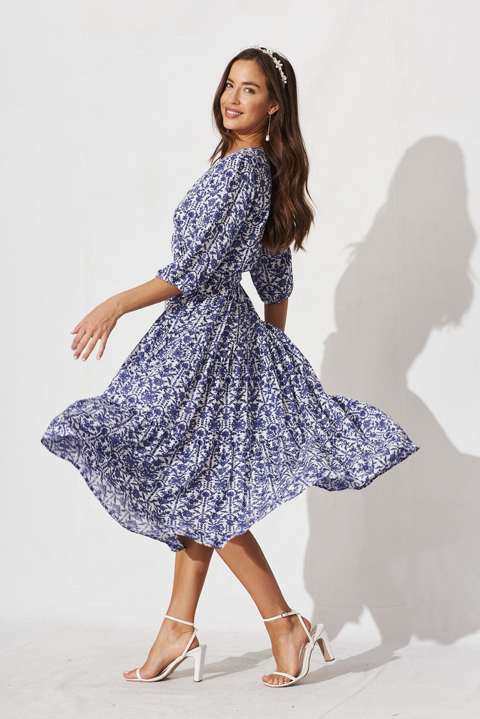 Kintan Midi Dress In White With Blue Floral - side