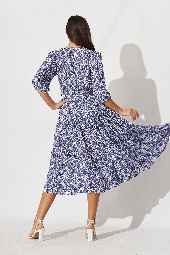 Kintan Midi Dress In White With Blue Floral - back