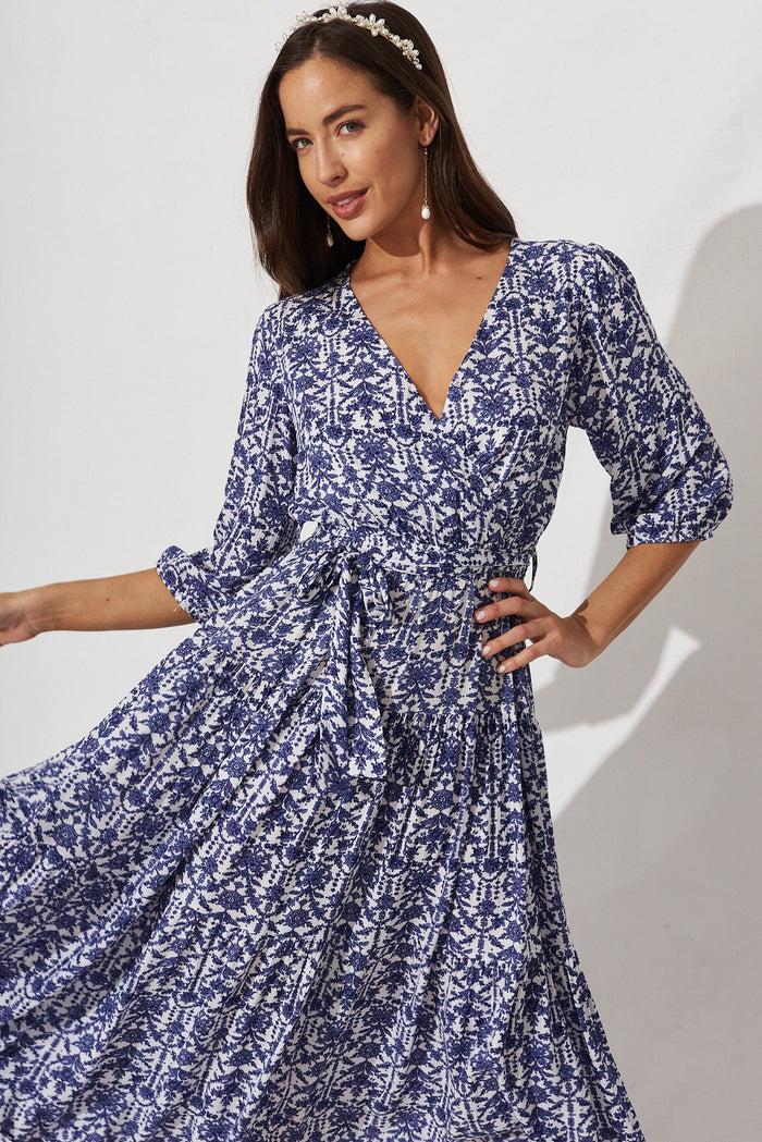 Kintan Midi Dress In White With Blue Floral - front