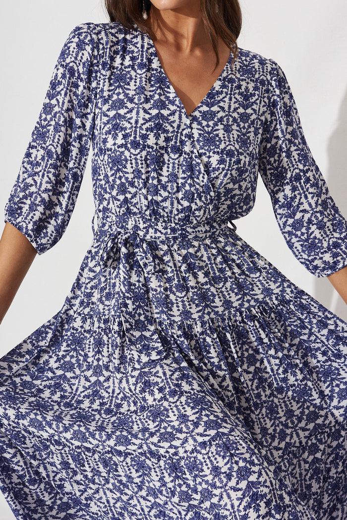 Kintan Midi Dress In White With Blue Floral - detail