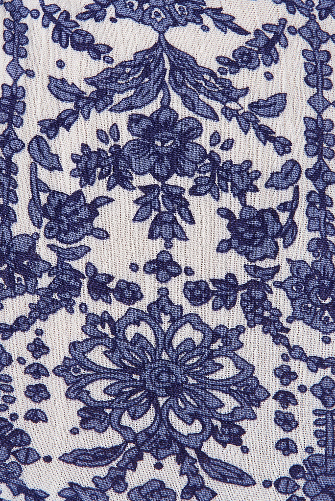 Kintan Midi Dress In White With Blue Floral - fabric