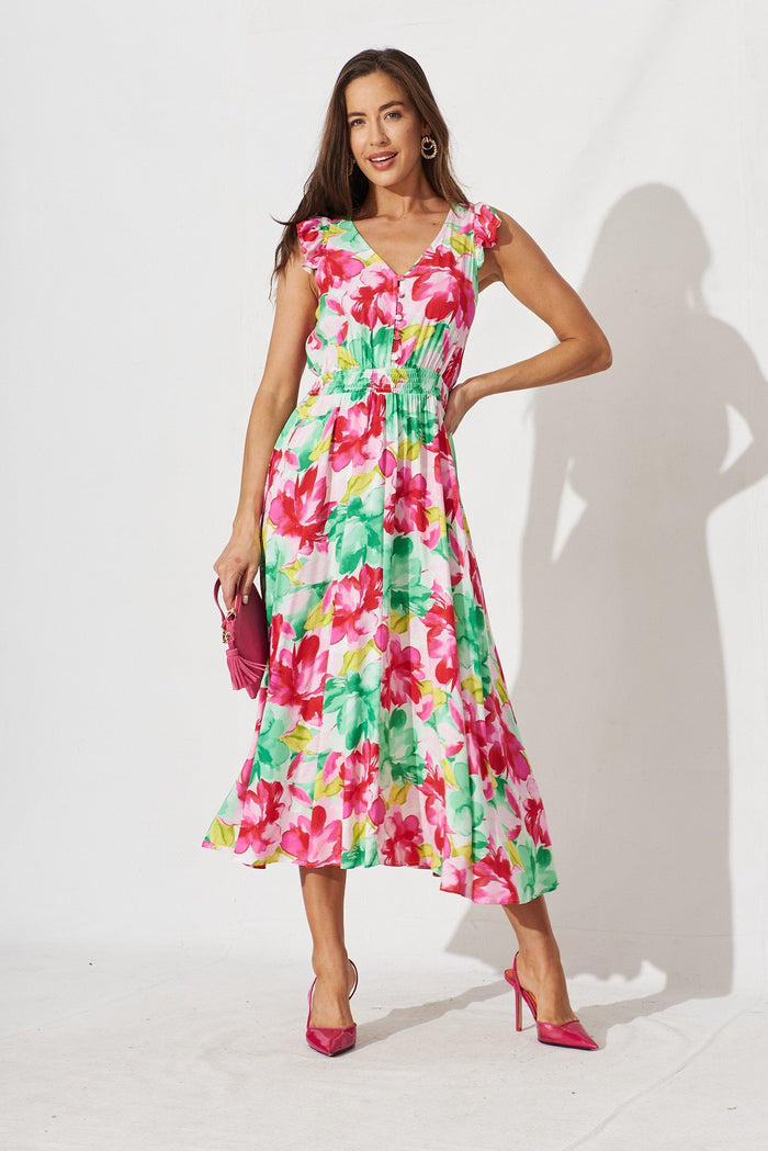Sydney Midi Dress In Pink With Green Floral - full length