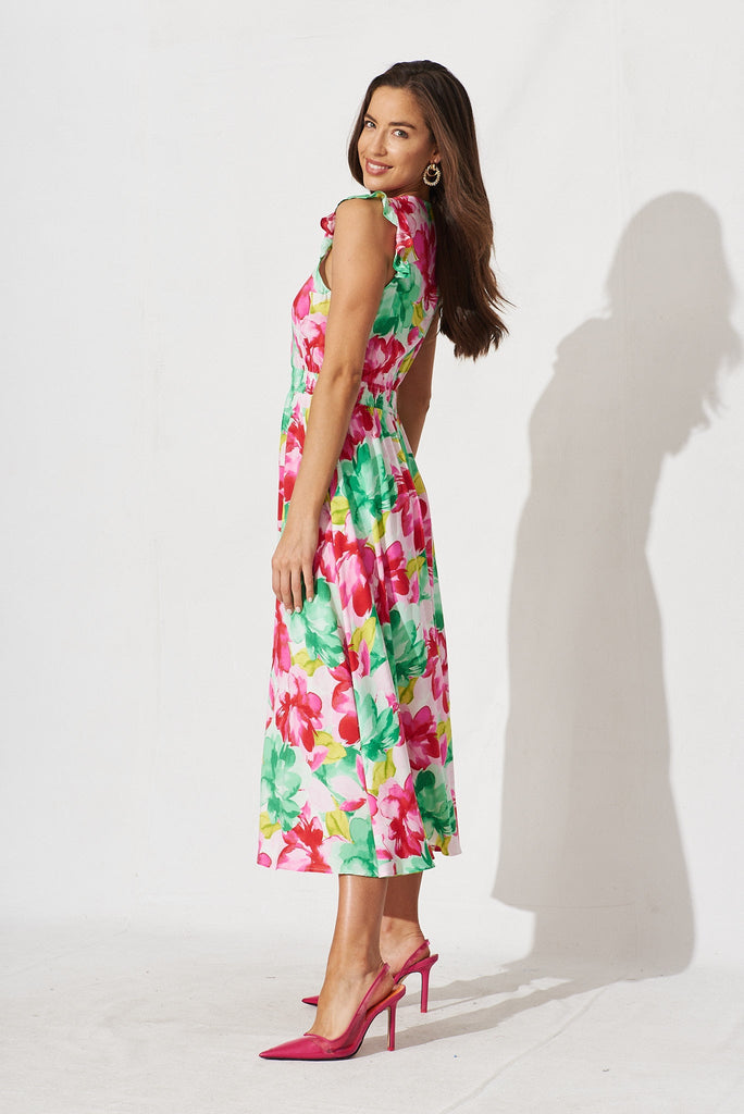Sydney Midi Dress In Pink With Green Floral - side