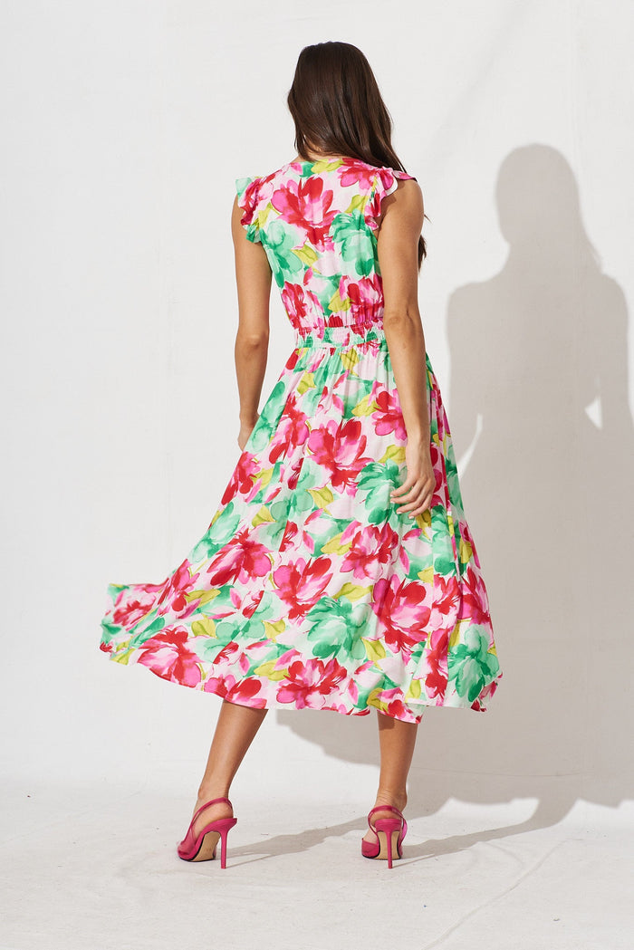 Sydney Midi Dress In Pink With Green Floral - back