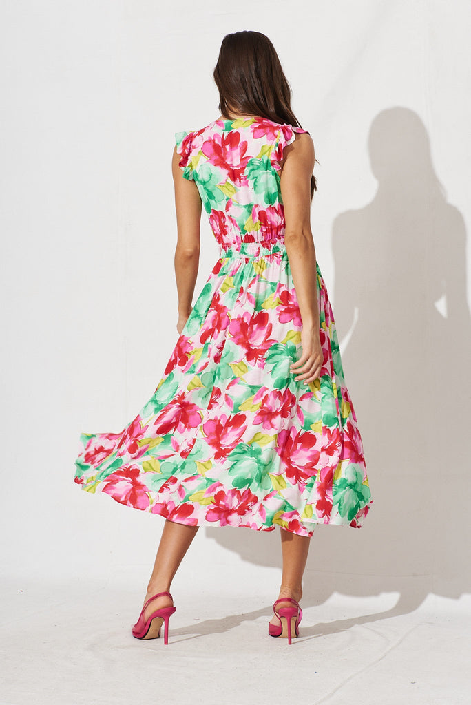 Sydney Midi Dress In Pink With Green Floral - back