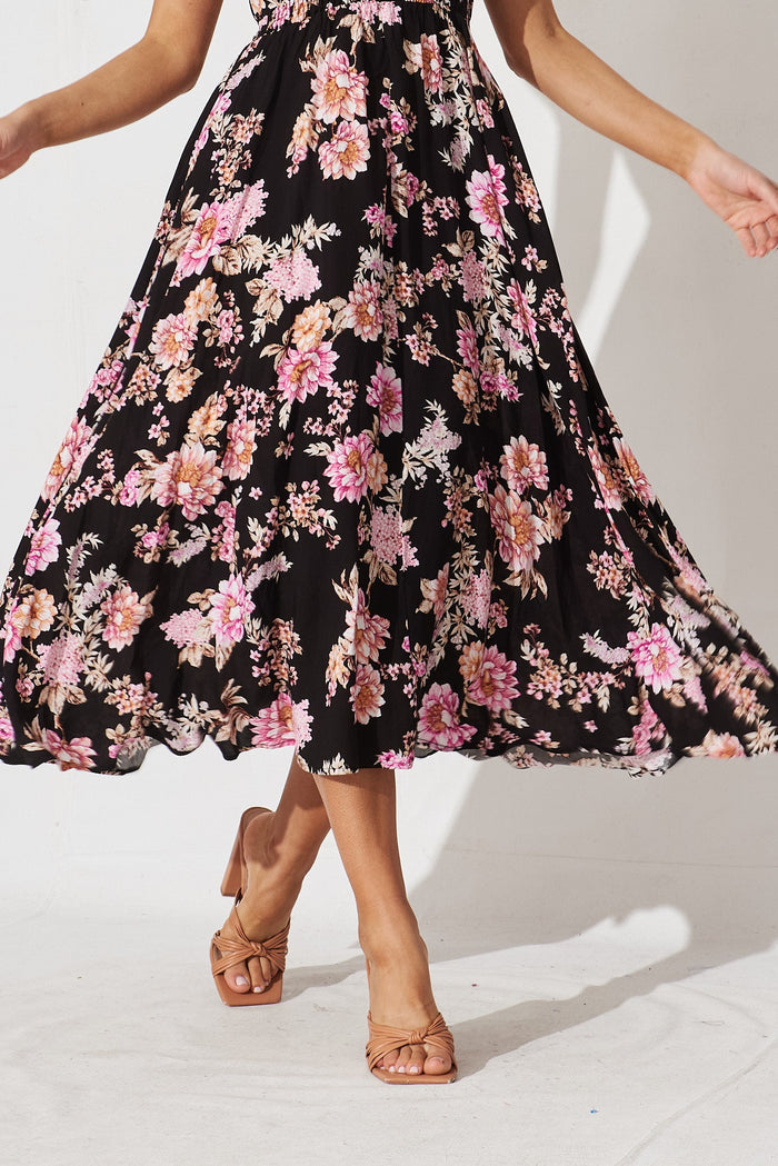 Coreen Maxi Dress In Black With Mauve Floral - detail