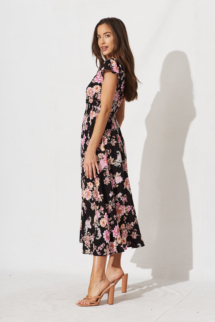 Coreen Maxi Dress In Black With Mauve Floral - side