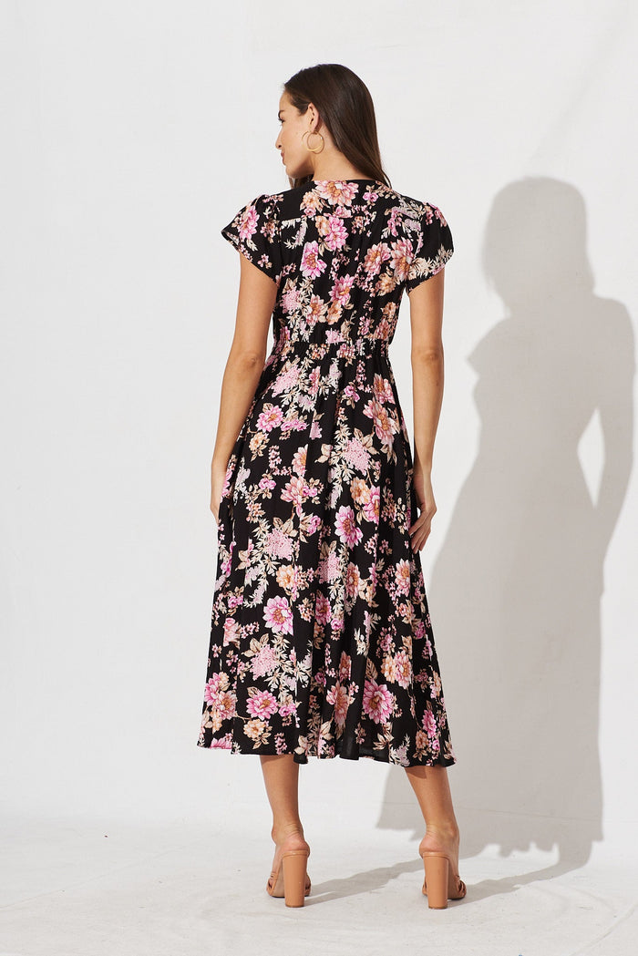 Coreen Maxi Dress In Black With Mauve Floral - back