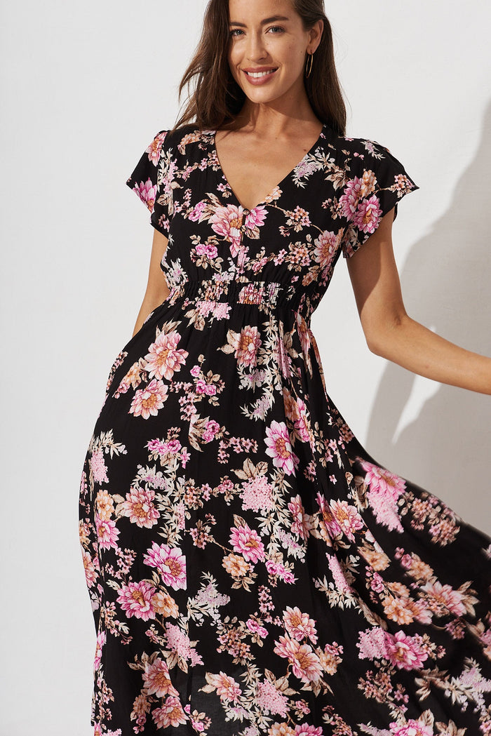 Coreen Maxi Dress In Black With Mauve Floral - front