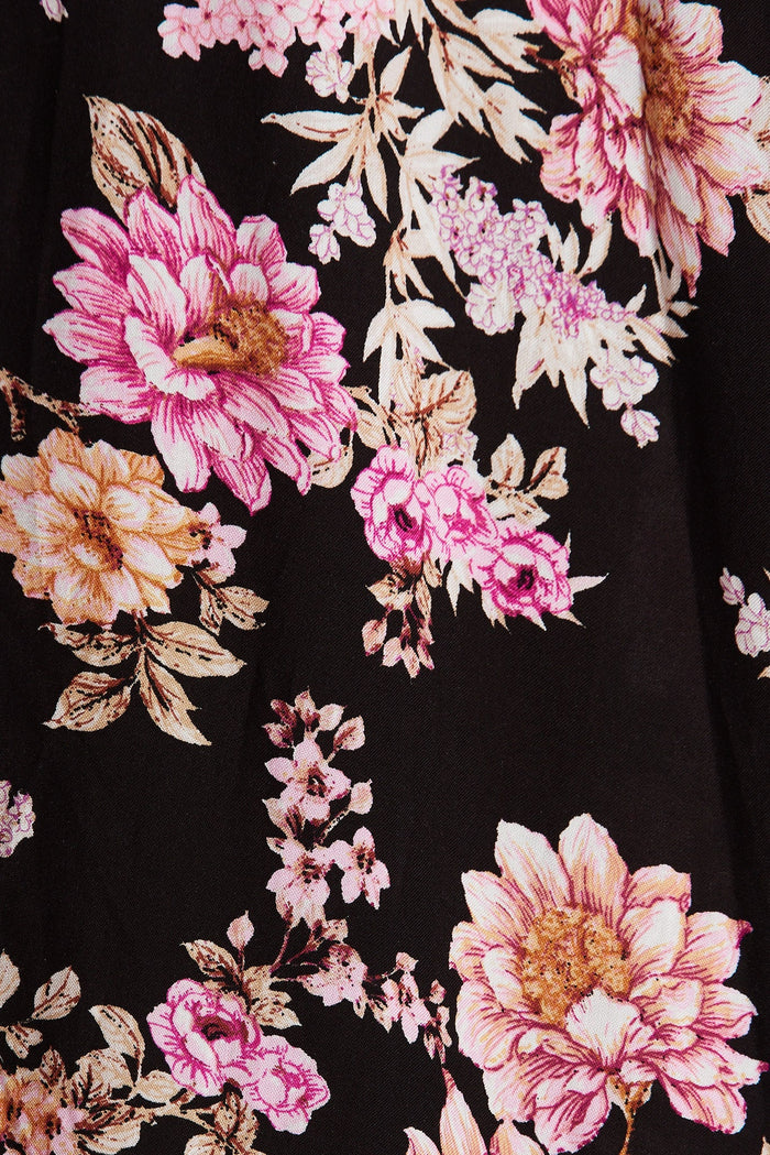 Coreen Maxi Dress In Black With Mauve Floral - fabric